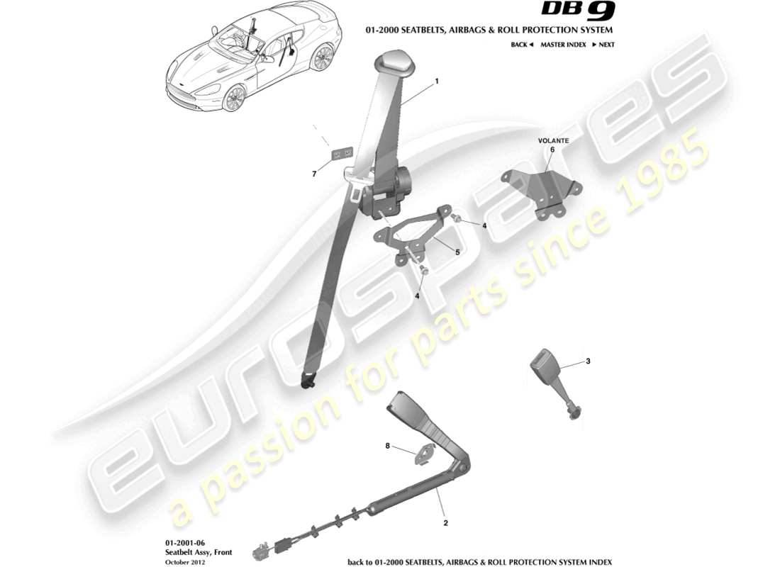 aston martin db9 (2016) teilediagramm für vordere sicherheitsgurte