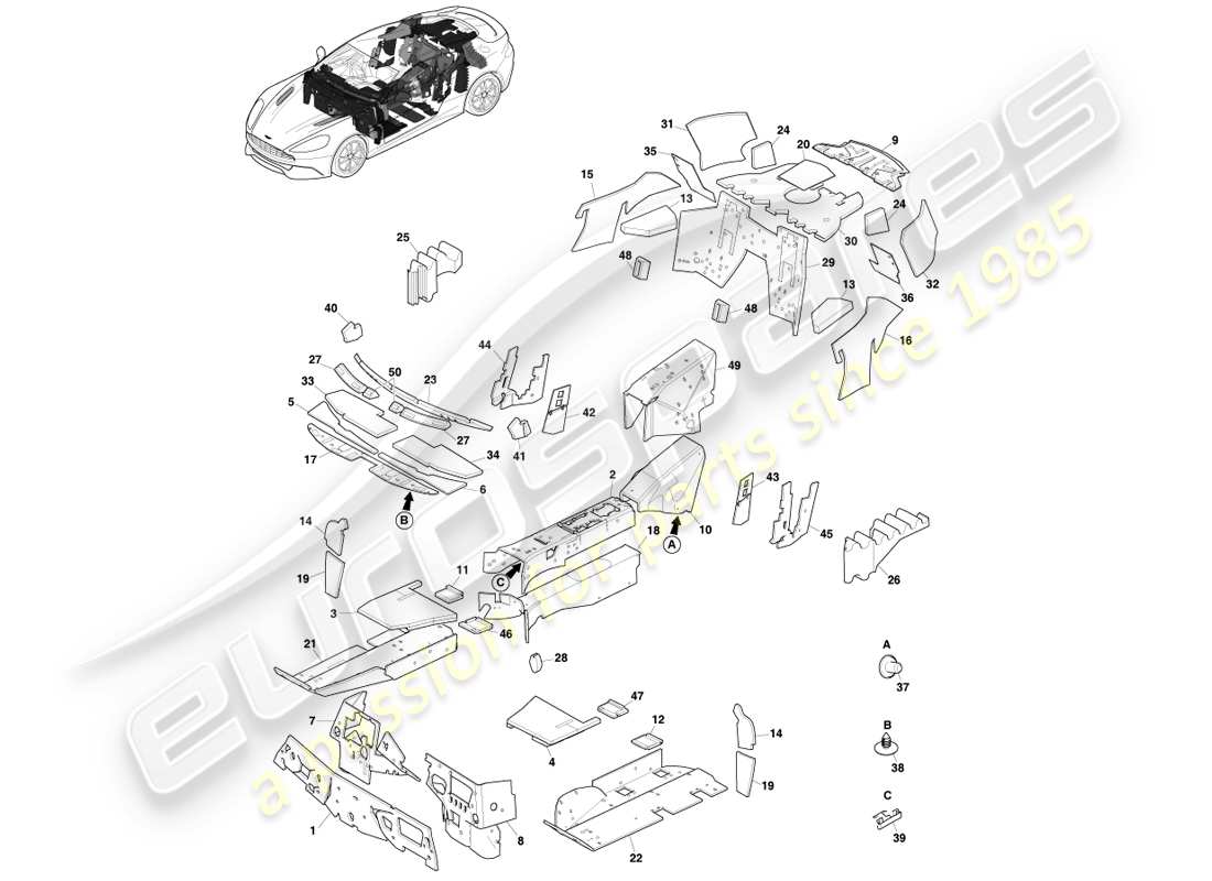 aston martin vanquish (2014) geräuschisolierung, coupé-teilediagramm