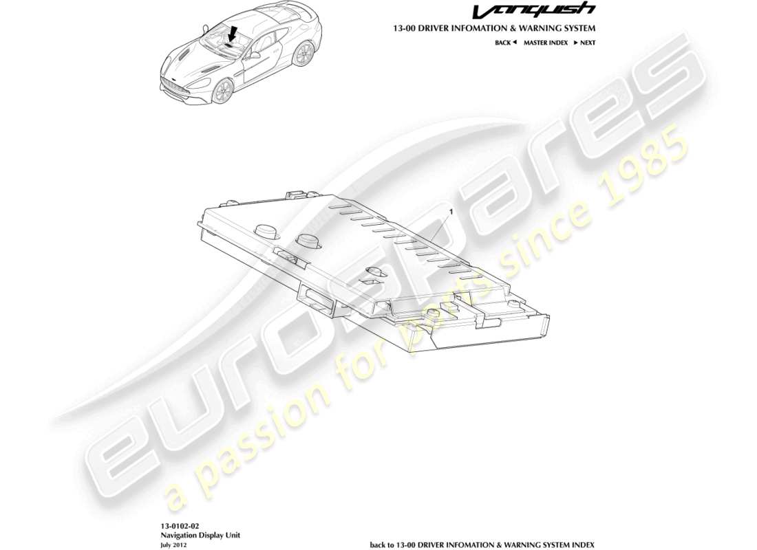 aston martin vanquish (2016) teilediagramm für navigationsgerät-display