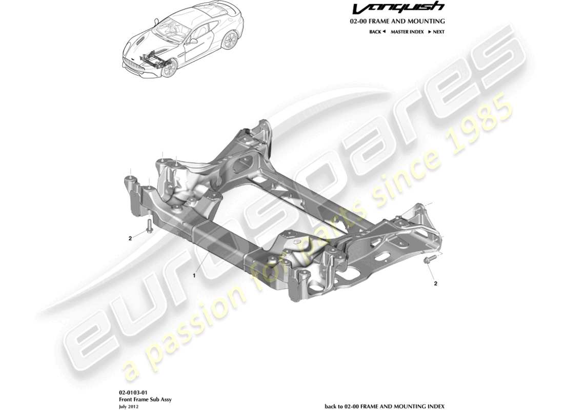 aston martin vanquish (2018) teilediagramm des vorderen hilfsrahmens