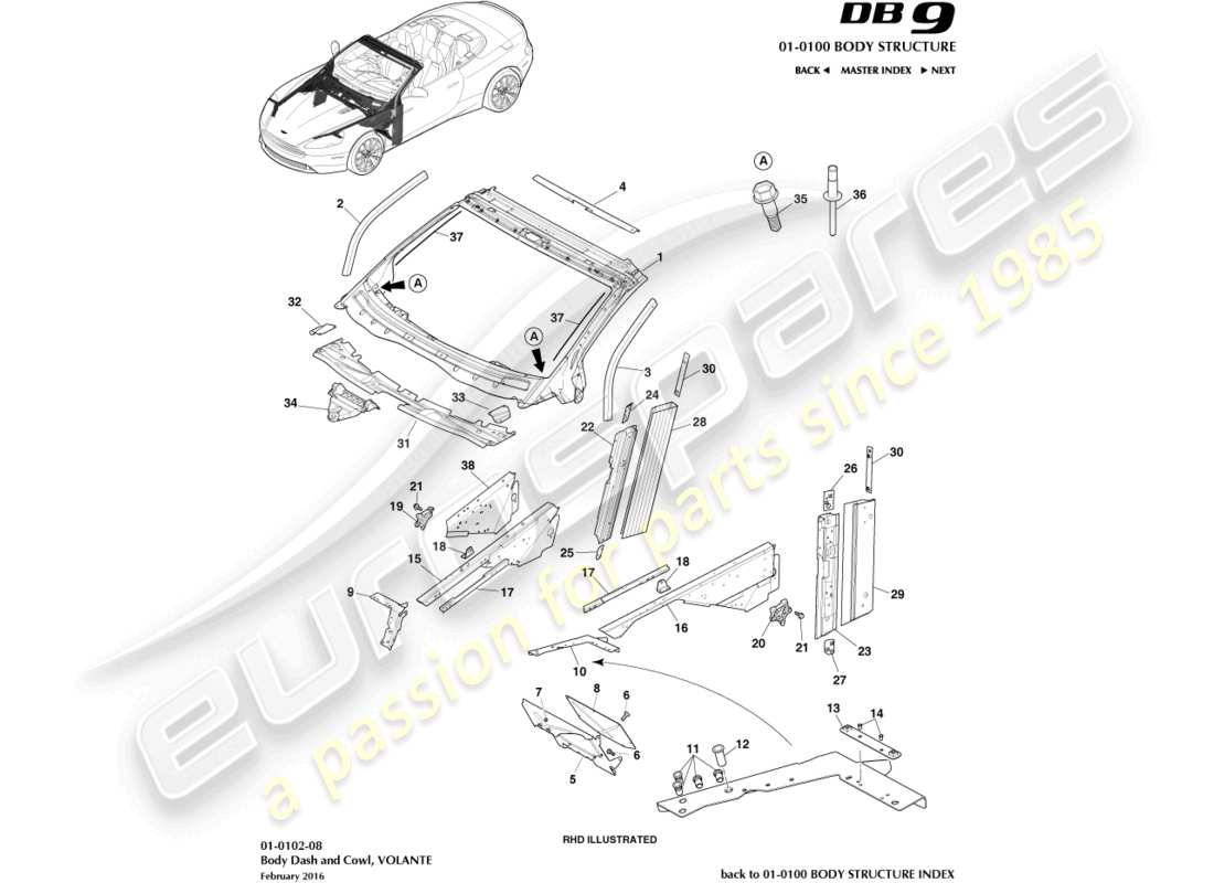 aston martin db9 (2014) karosserie, armaturenbrett und motorhaube, volante-ersatzteildiagramm