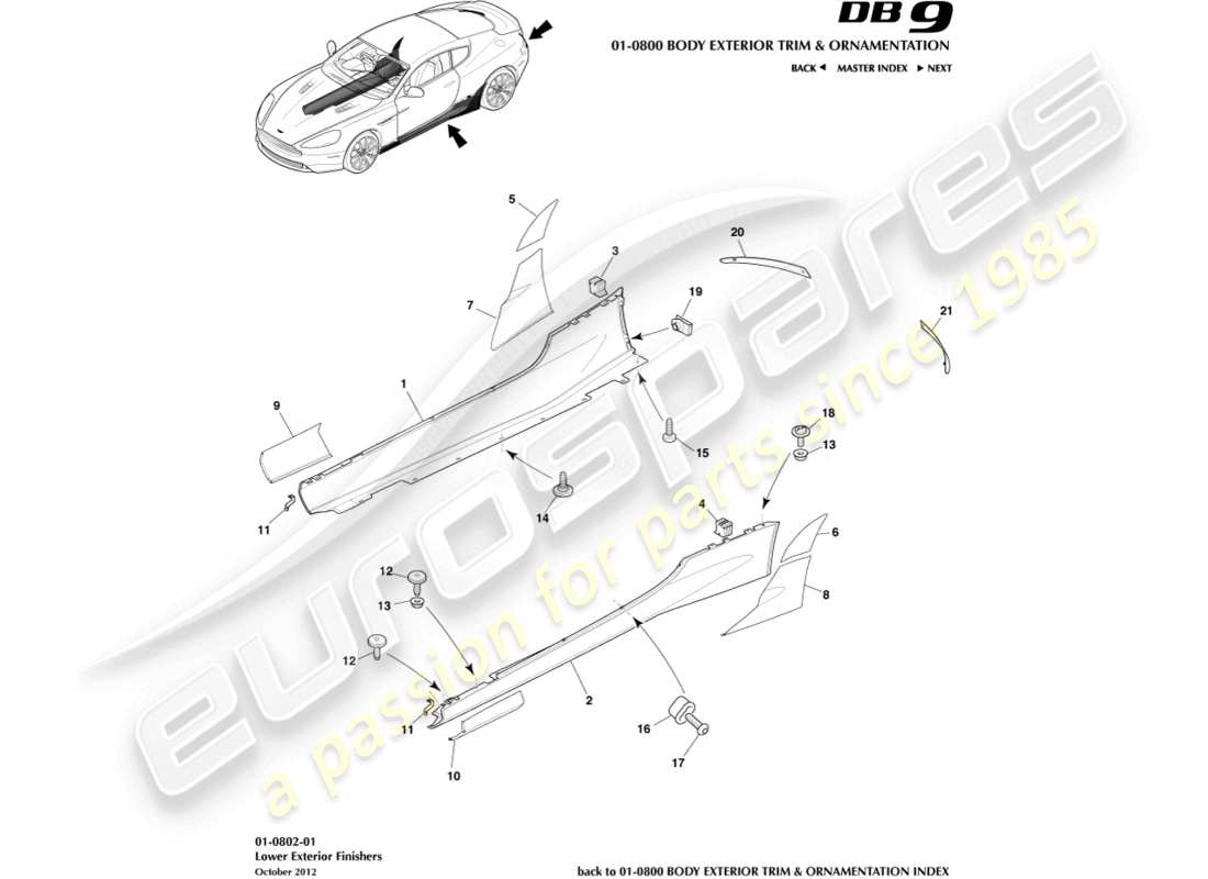 aston martin db9 (2014) teilediagramm für untere außenverkleidungen