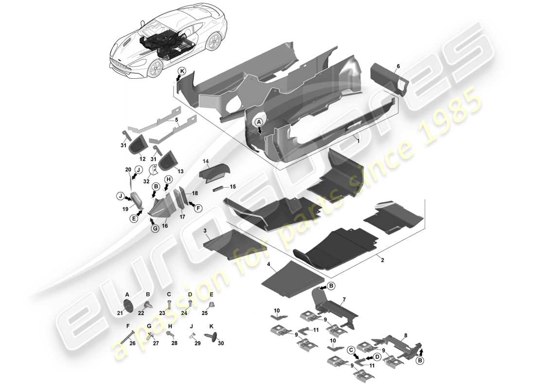 aston martin vanquish (2014) hauptbodenverkleidung, lhd-ersatzteildiagramm