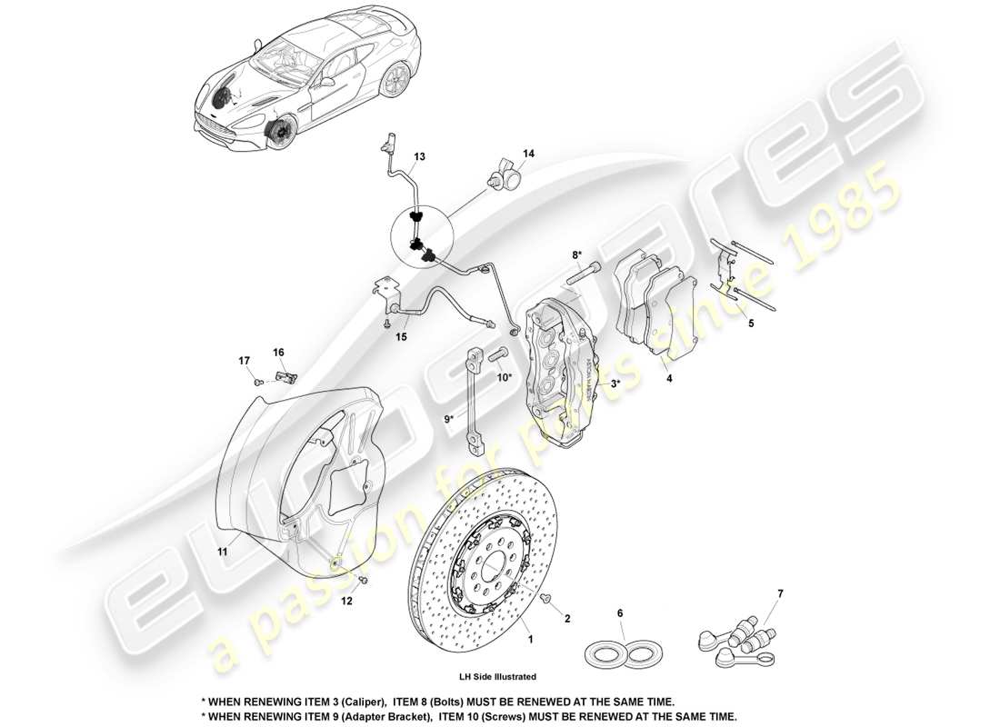 aston martin vanquish (2014) teilediagramm des vorderradbremssystems