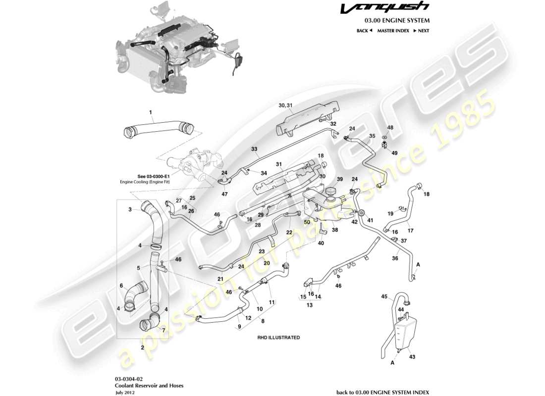 aston martin vanquish (2016) teilediagramm für kühlmittelbehälter und schläuche