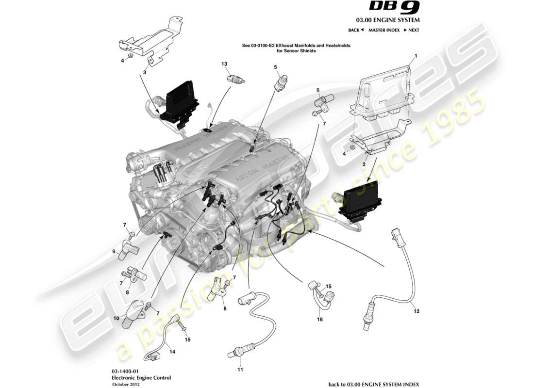 aston martin db9 (2014) teilediagramm der elektronischen motorsteuerung