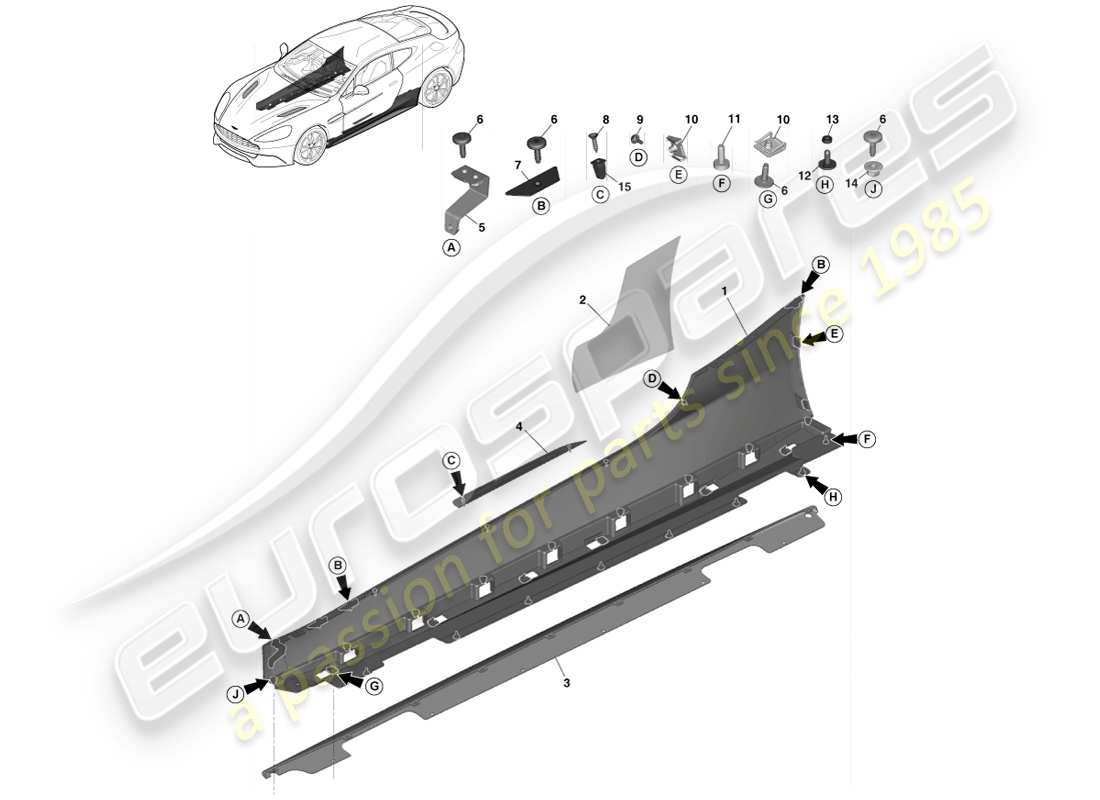 aston martin vanquish (2013) teilediagramm für untere außenverkleidungen