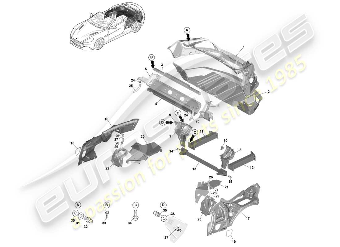 aston martin vanquish (2013) karosserieheck, volante-ersatzteildiagramm