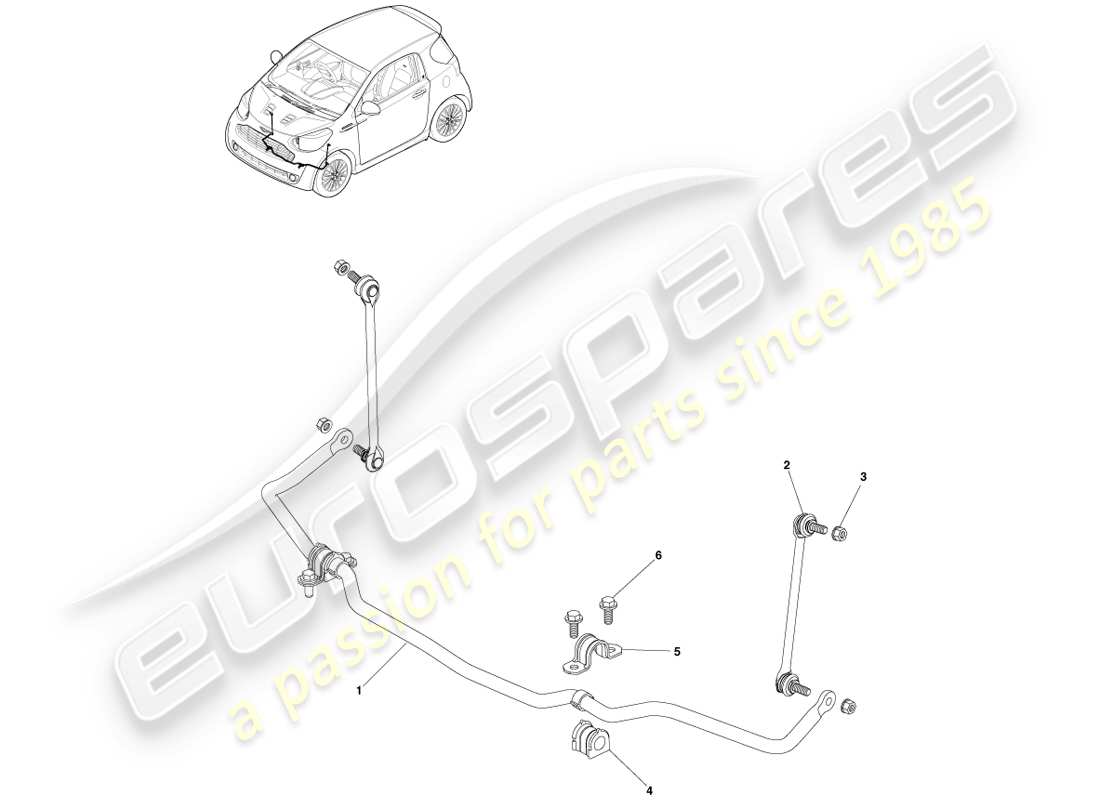 aston martin cygnet (2012) teilediagramm für vordere aufhängungsverbindungen und -arme