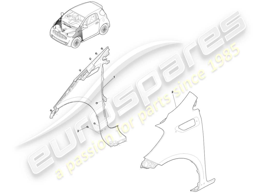 aston martin cygnet (2012) teilediagramm für vordere kotflügel