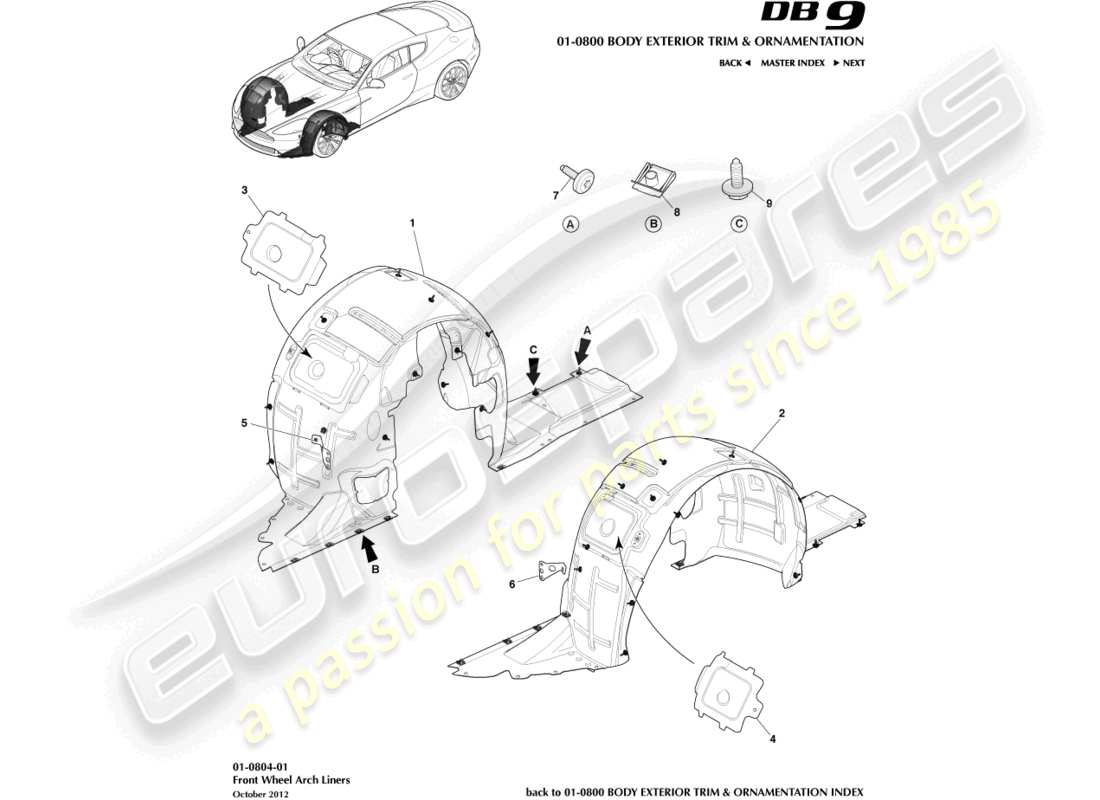 aston martin db9 (2015) teilediagramm für vordere radkastenverkleidungen