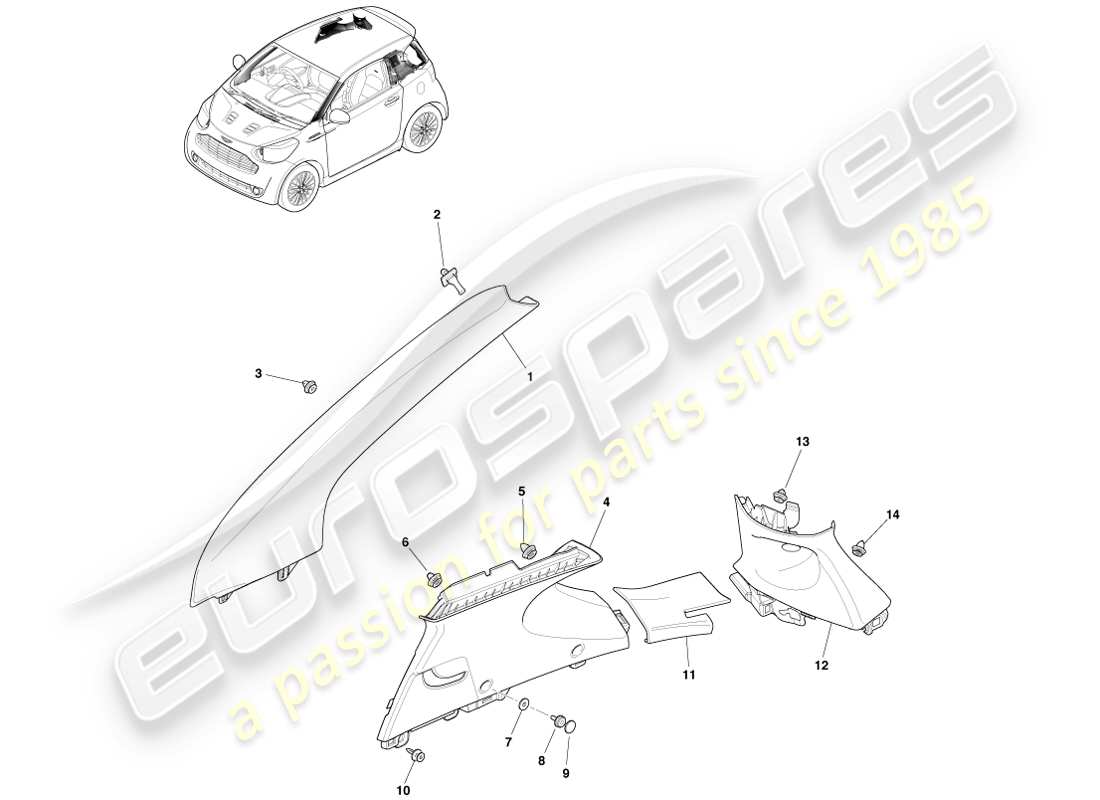 aston martin cygnet (2012) teilediagramm für die obere säulenverkleidung