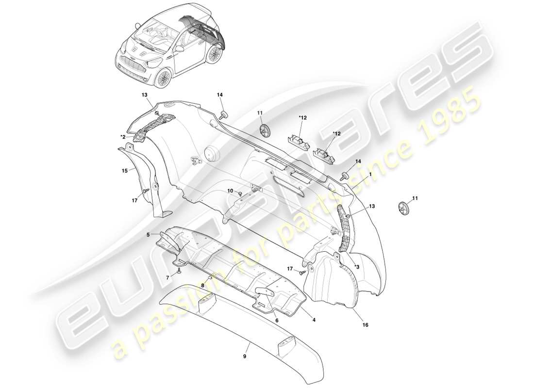 aston martin cygnet (2012) teilediagramm der hinteren stoßstangenbaugruppe