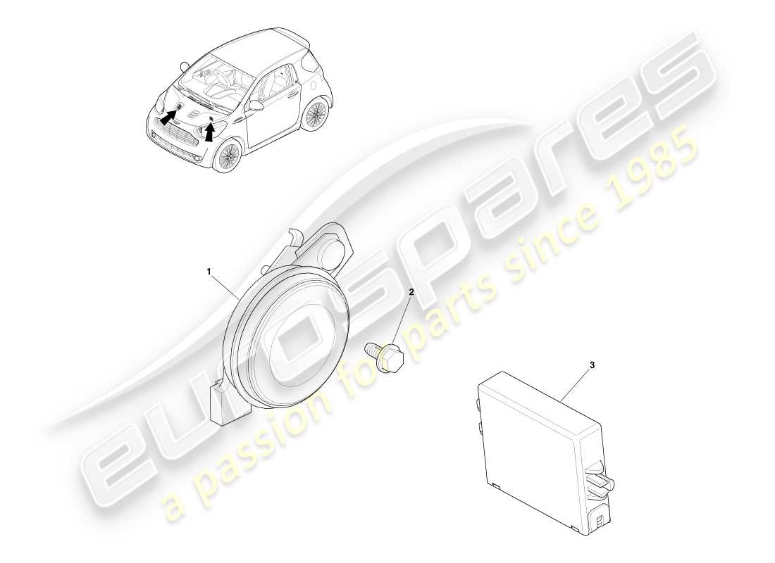 aston martin cygnet (2012) teilediagramm für alarmhupen und wegfahrsperre