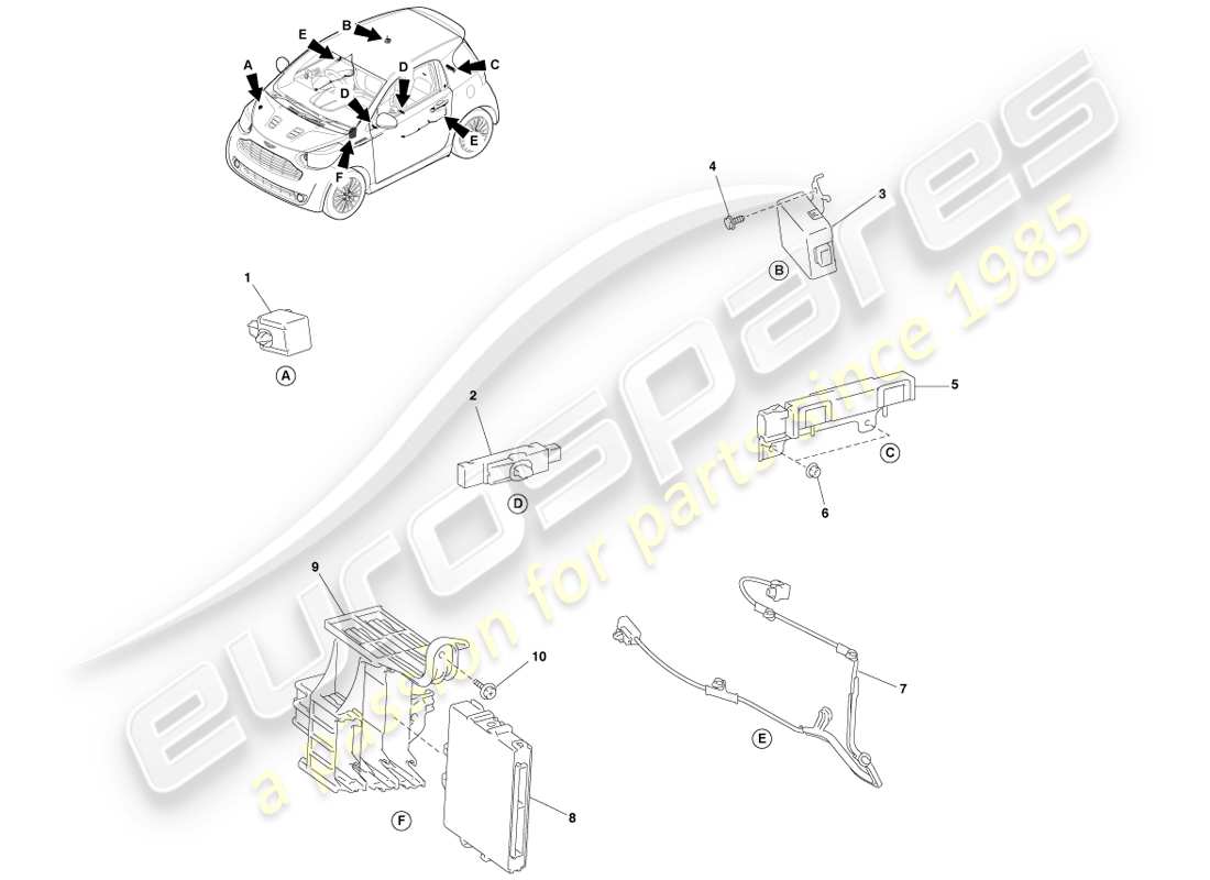 aston martin cygnet (2012) teilediagramm für drahtloses türschloss