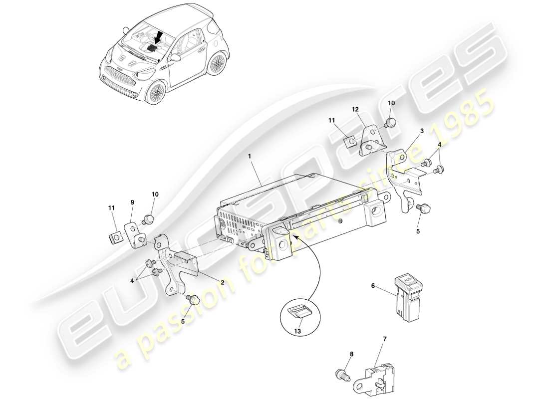 aston martin cygnet (2012) teilediagramm der infotainment-haupteinheit