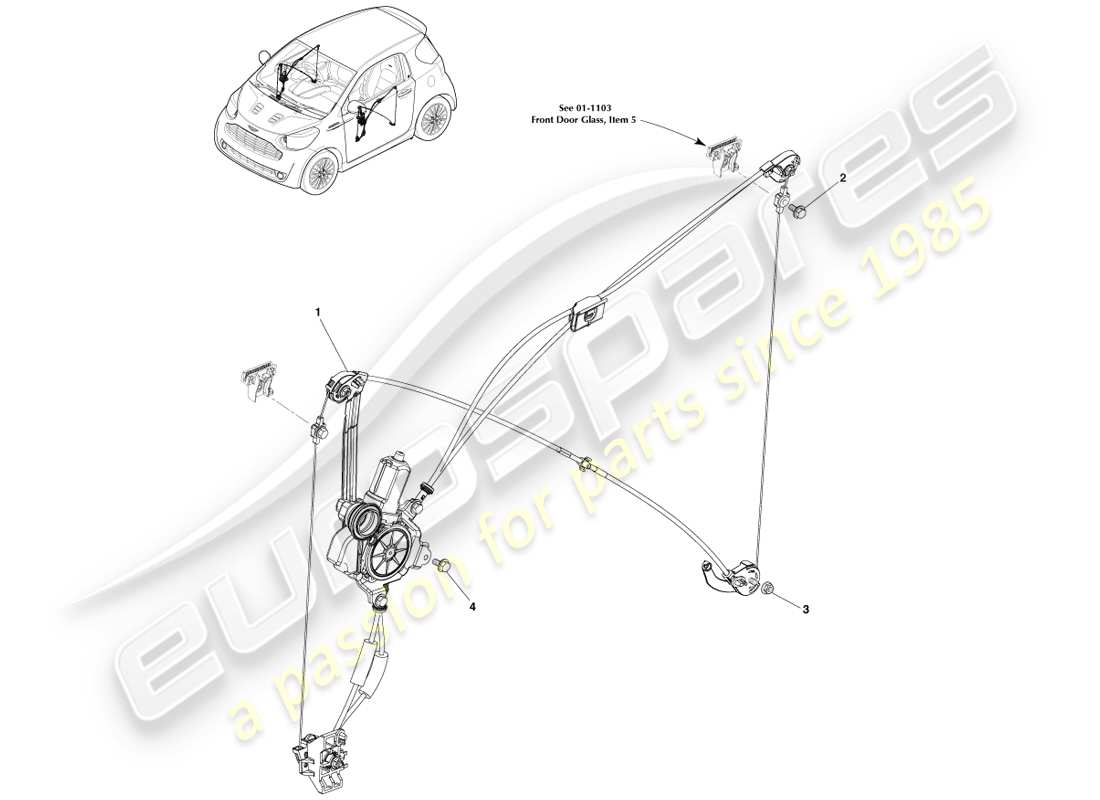 aston martin cygnet (2012) teilediagramm für vordere seitenfensterheber