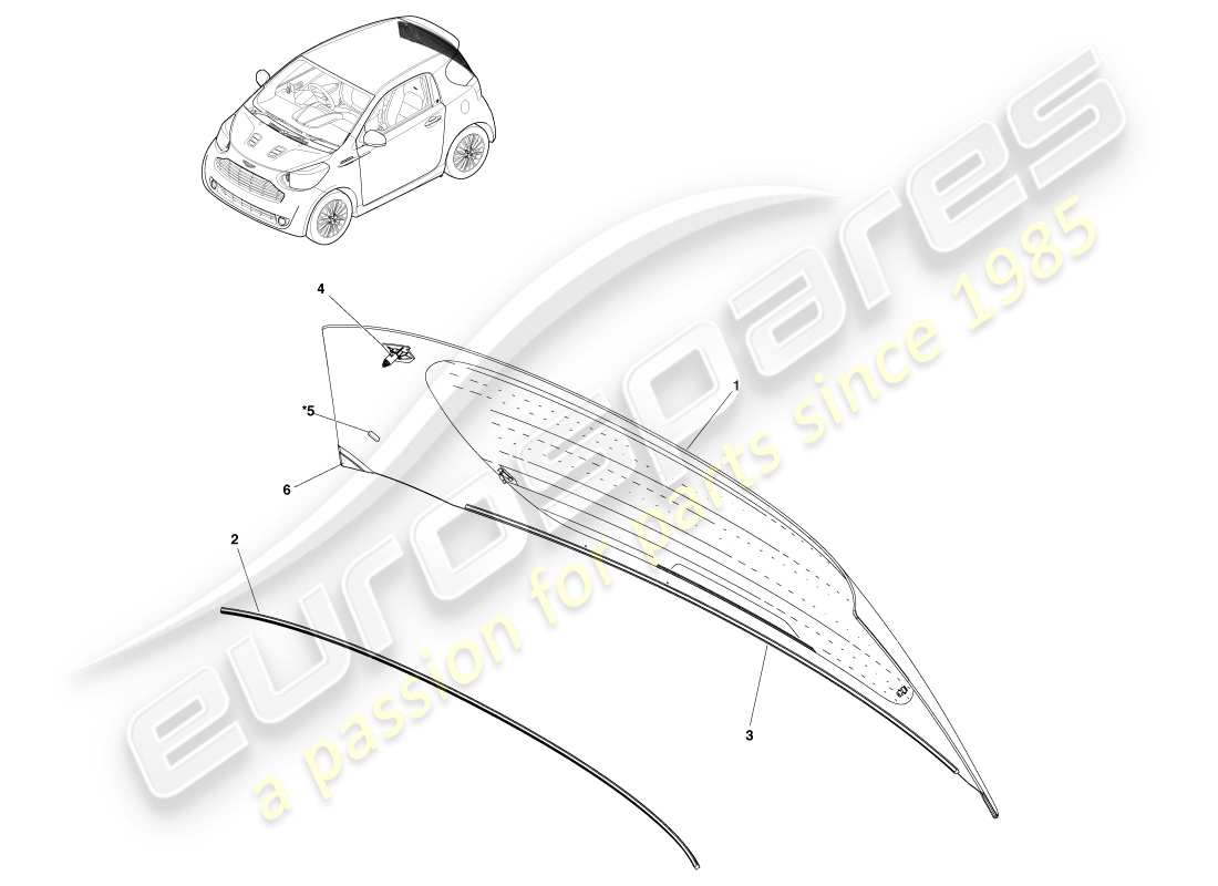 aston martin cygnet (2012) teilediagramm der heckscheibenbaugruppe