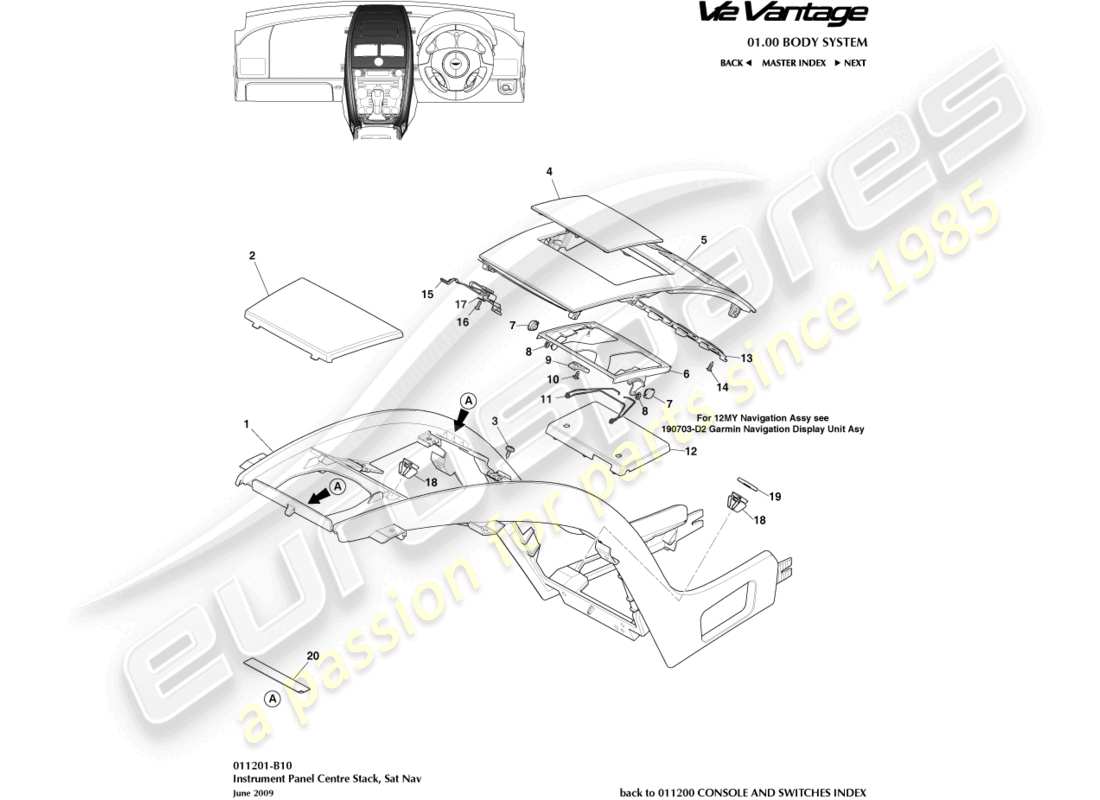 aston martin v12 vantage (2012) mittelkonsole, mit navigationsgerät-teilediagramm