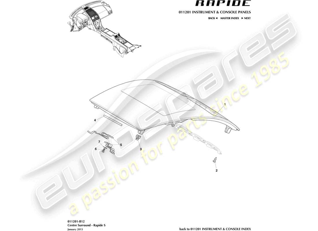 aston martin rapide (2017) mittelkonsolenverkleidung, s-teilediagramm