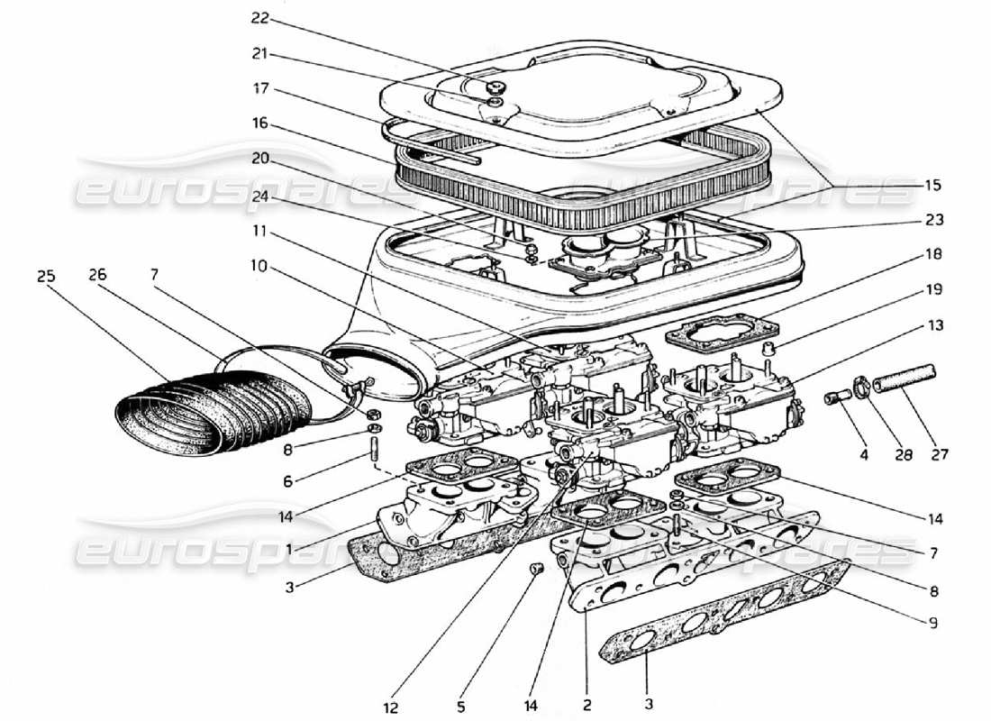 ferrari 308 gtb (1976) teilediagramm für vergaser und luftfilter