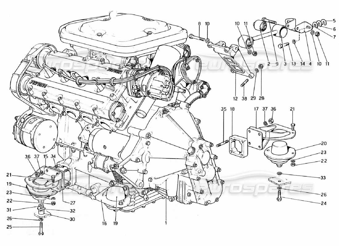 ferrari 308 gtb (1976) motor - getriebe und halterungen teilediagramm