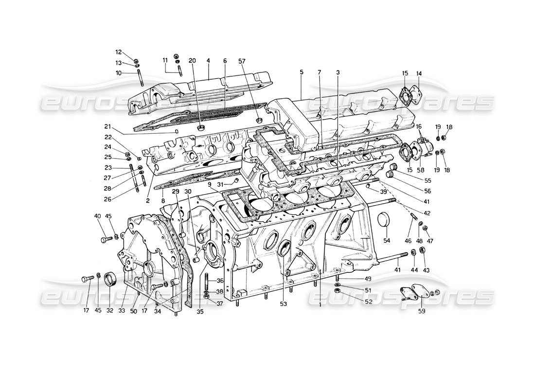 ferrari 246 dino (1975) teilediagramm für kurbelgehäuse und zylinderköpfe