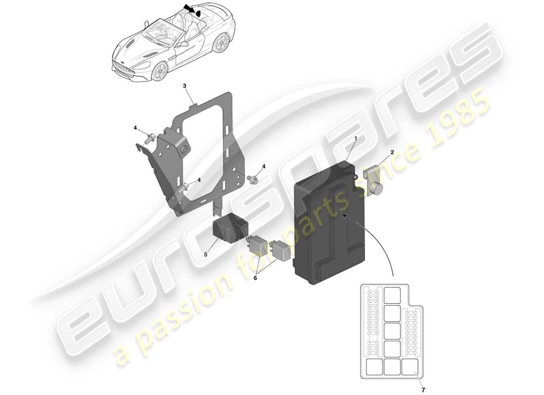 aston martin vanquish (2013) teilediagramm für den sicherungskasten im laderaum