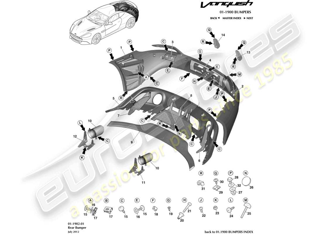 aston martin vanquish (2018) hintere stoßstange teilediagramm