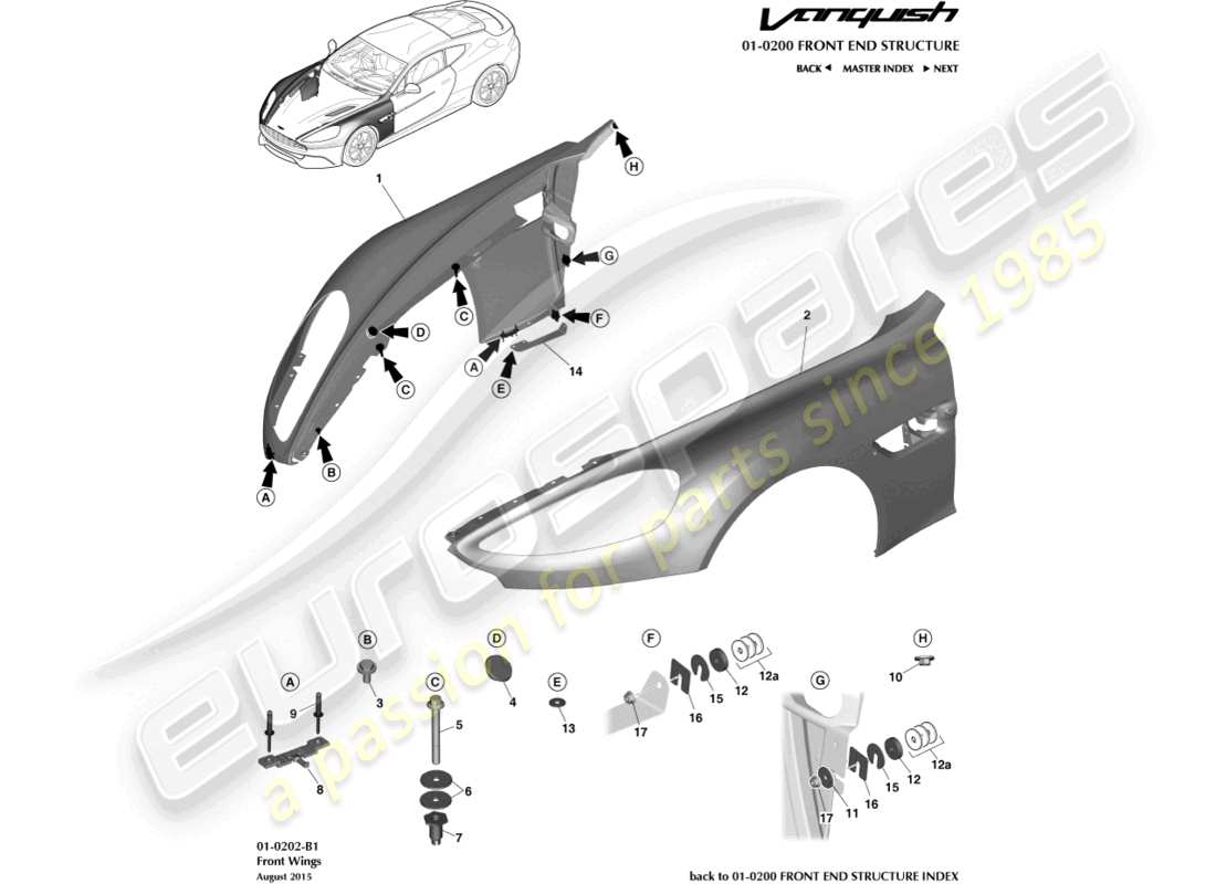 aston martin vanquish (2017) teilediagramm für frontkotflügel
