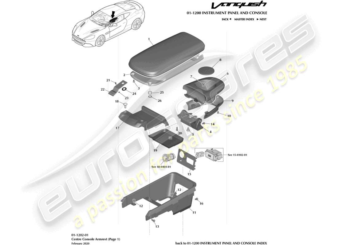 aston martin vanquish (2016) armlehne der mittelkonsole, seite 1 teilediagramm
