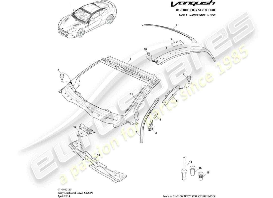 aston martin vanquish (2017) karosserie, armaturenbrett und motorhaube, coupé-teilediagramm