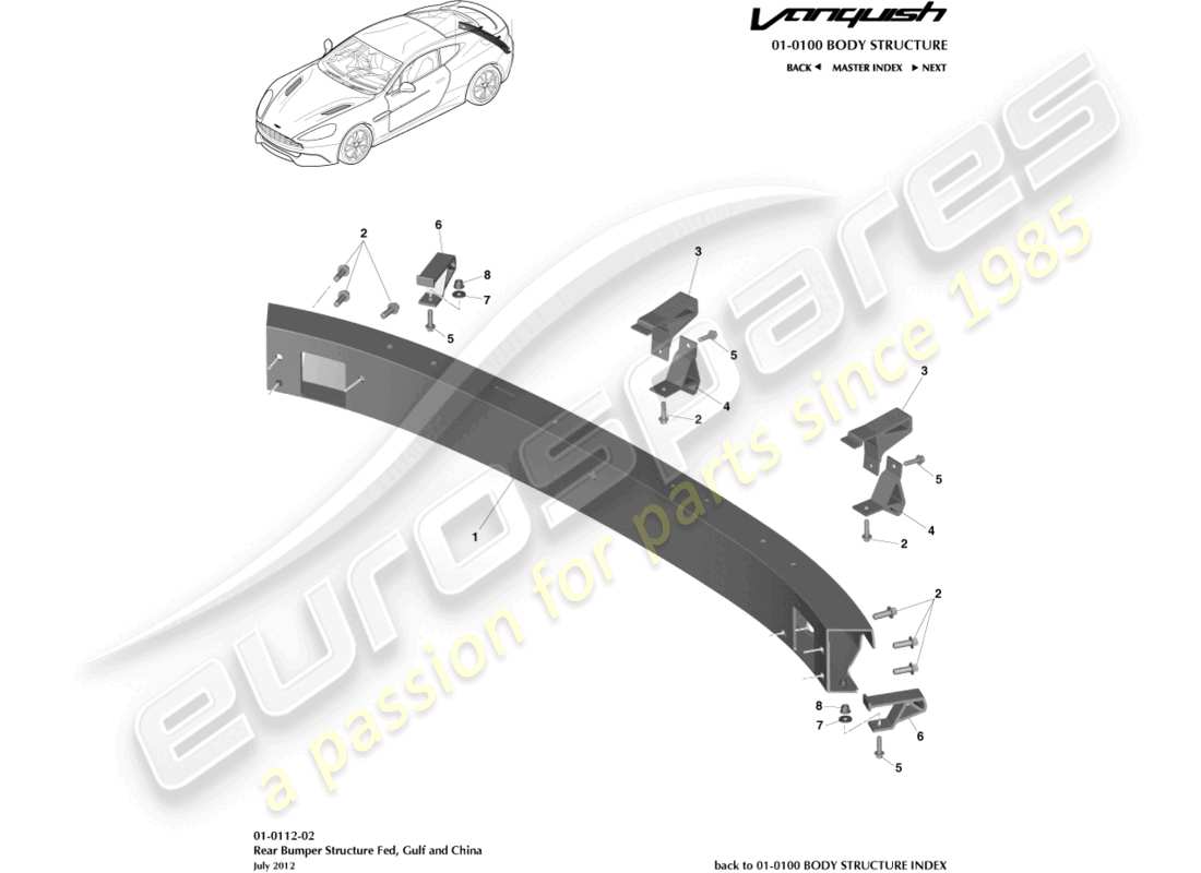 aston martin vanquish (2017) heckstoßfängerstruktur, fed, gcc, china, teilediagramm