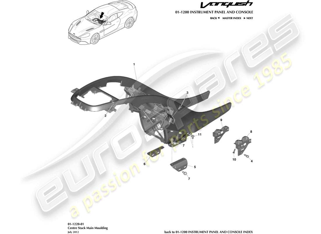aston martin vanquish (2017) teilediagramm für die mittelkonsolenform