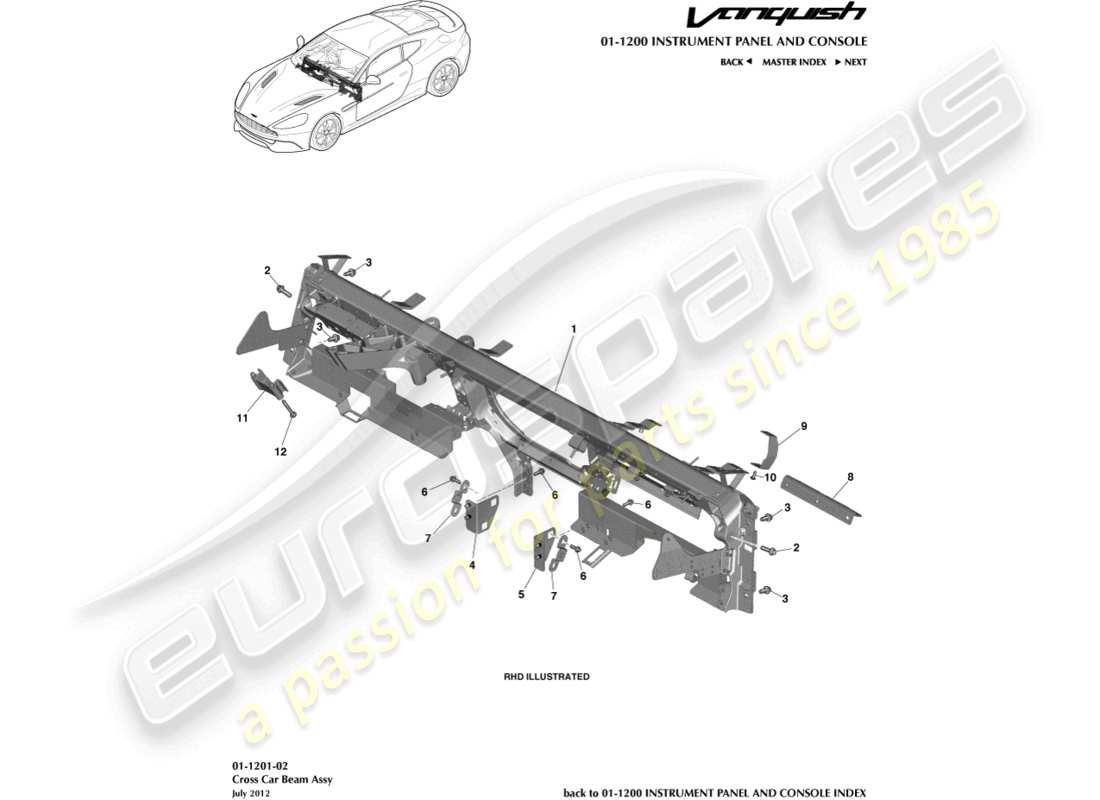 aston martin vanquish (2018) ip-querträger teilediagramm