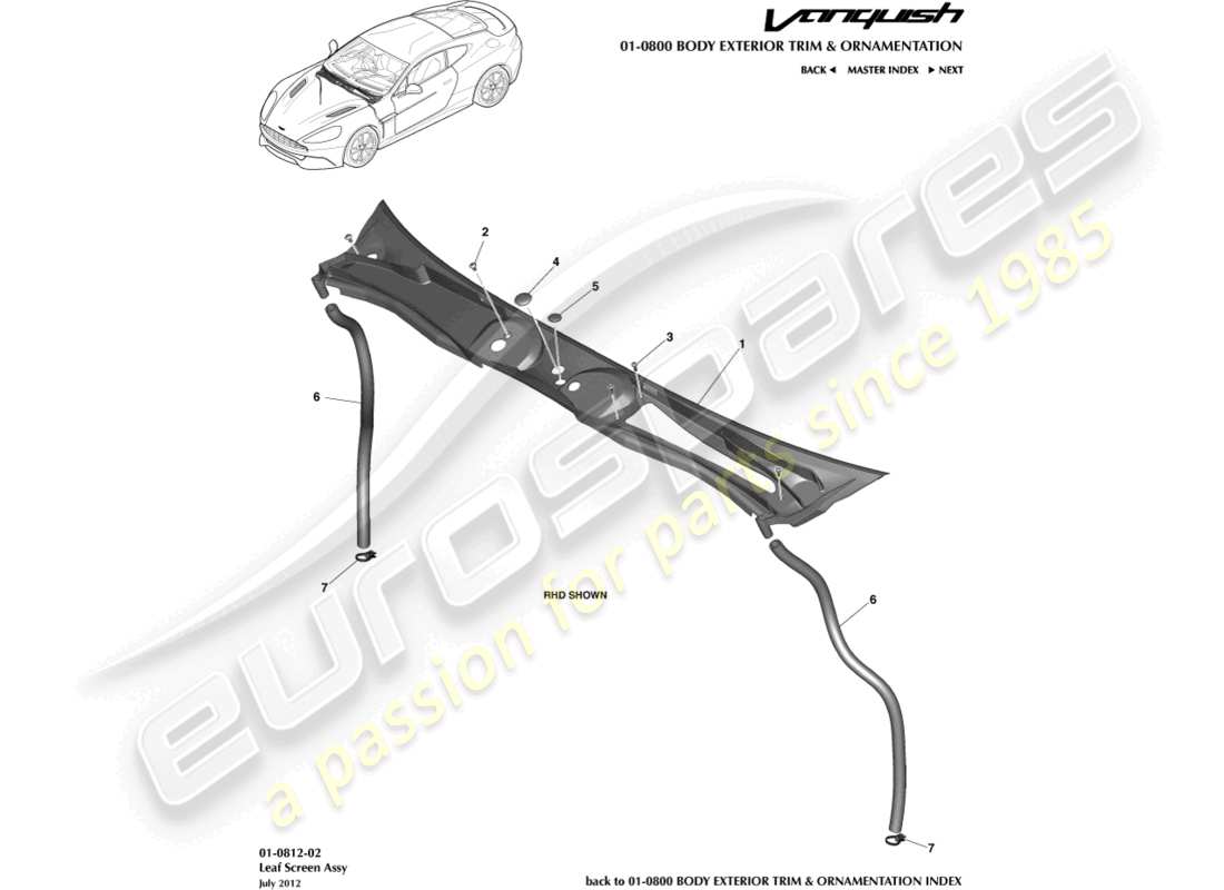 aston martin vanquish (2017) teilediagramm für die laubsiebbaugruppe