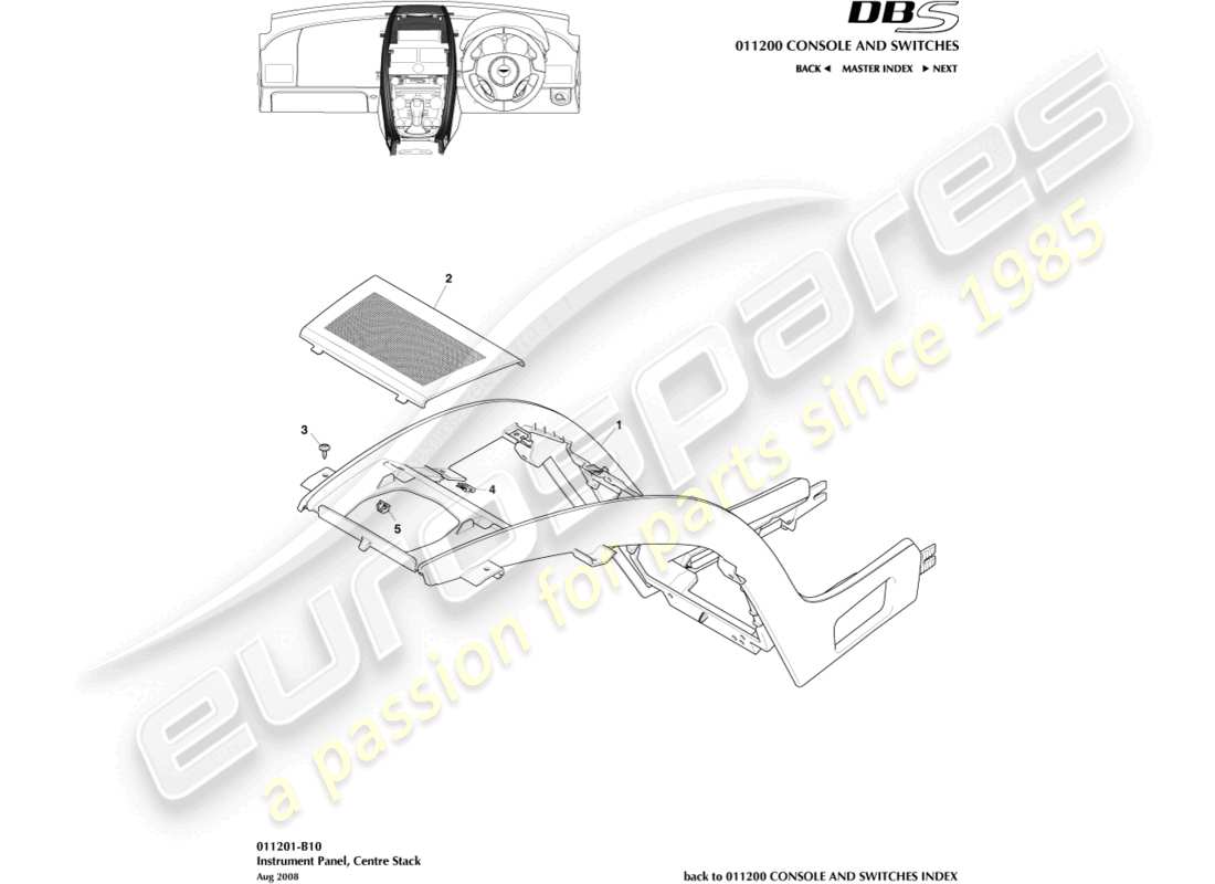 aston martin dbs (2012) teilediagramm der mittelkonsole