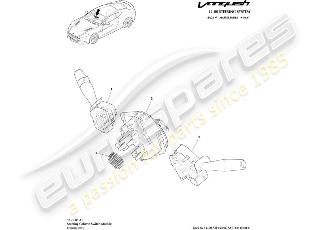 aston martin vanquish (2015) teilediagramm der lenksäulenschalterbaugruppe
