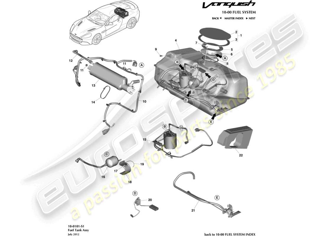 aston martin vanquish (2015) teilediagramm der kraftstofftankbaugruppe