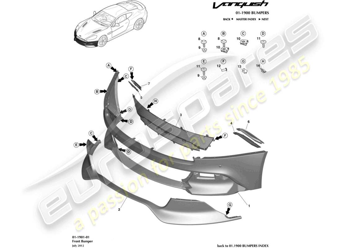 aston martin vanquish (2015) frontstoßstange teilediagramm