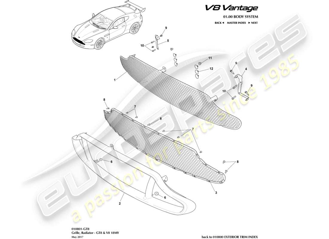 aston martin v8 vantage (2010) kühlergrill, gt8 & v8 18my teilediagramm