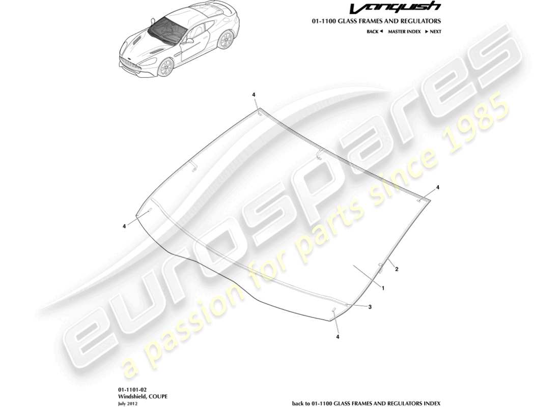 aston martin vanquish (2015) windschutzscheibe, coupé-teilediagramm