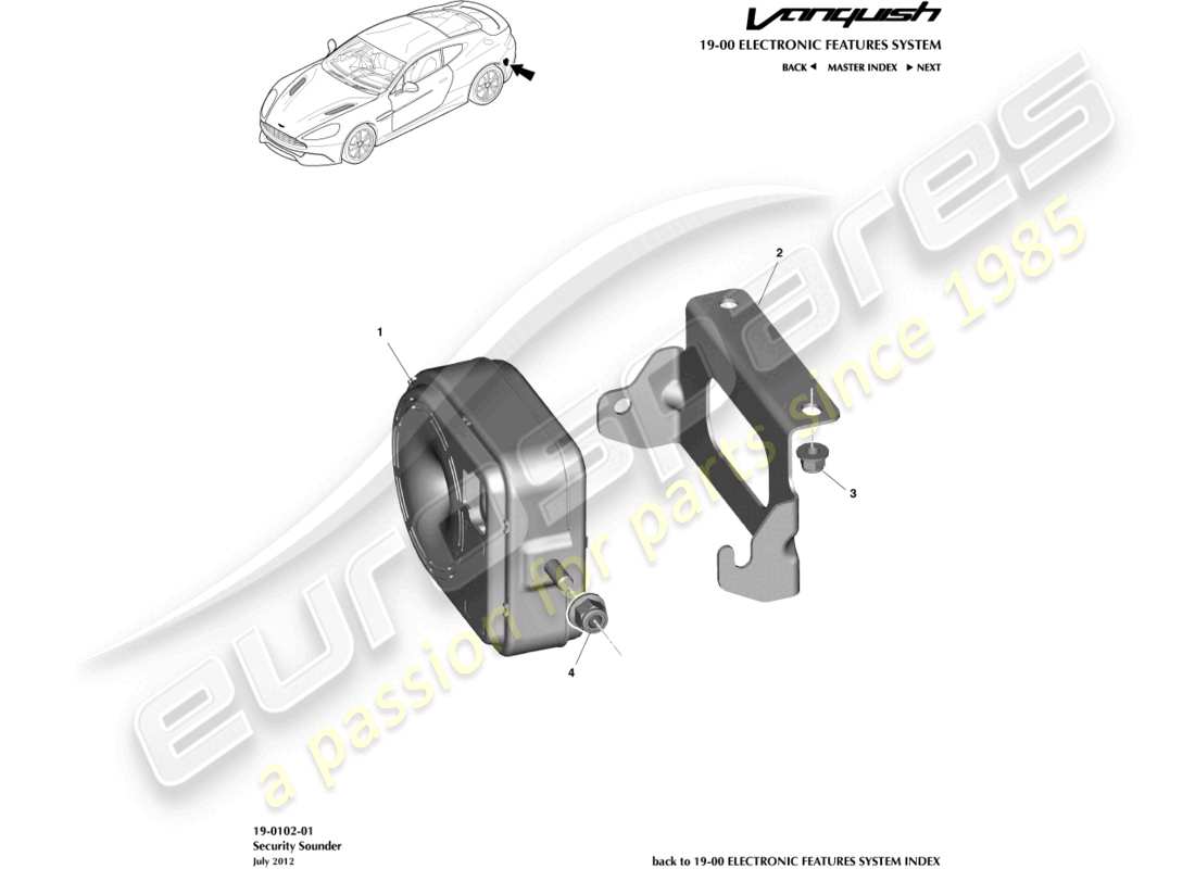 aston martin vanquish (2015) teilediagramm für alarmhupen und sirenen