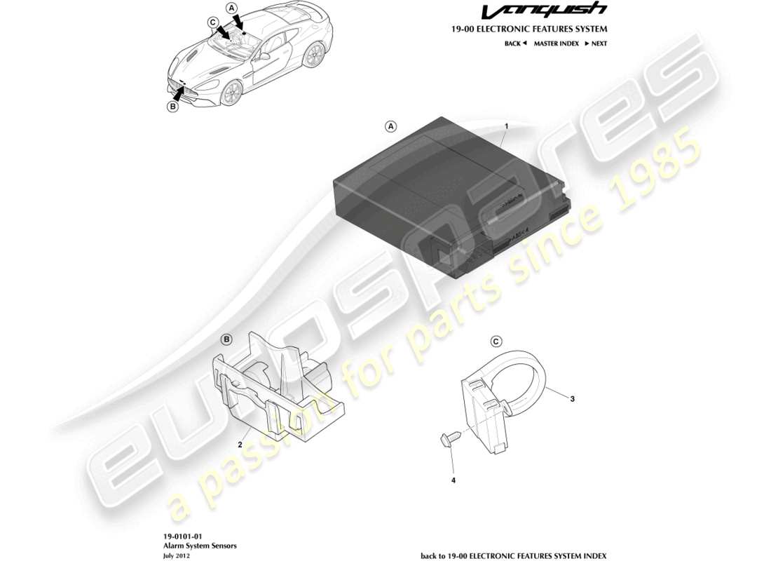 aston martin vanquish (2018) teilediagramm für alarmsensoren