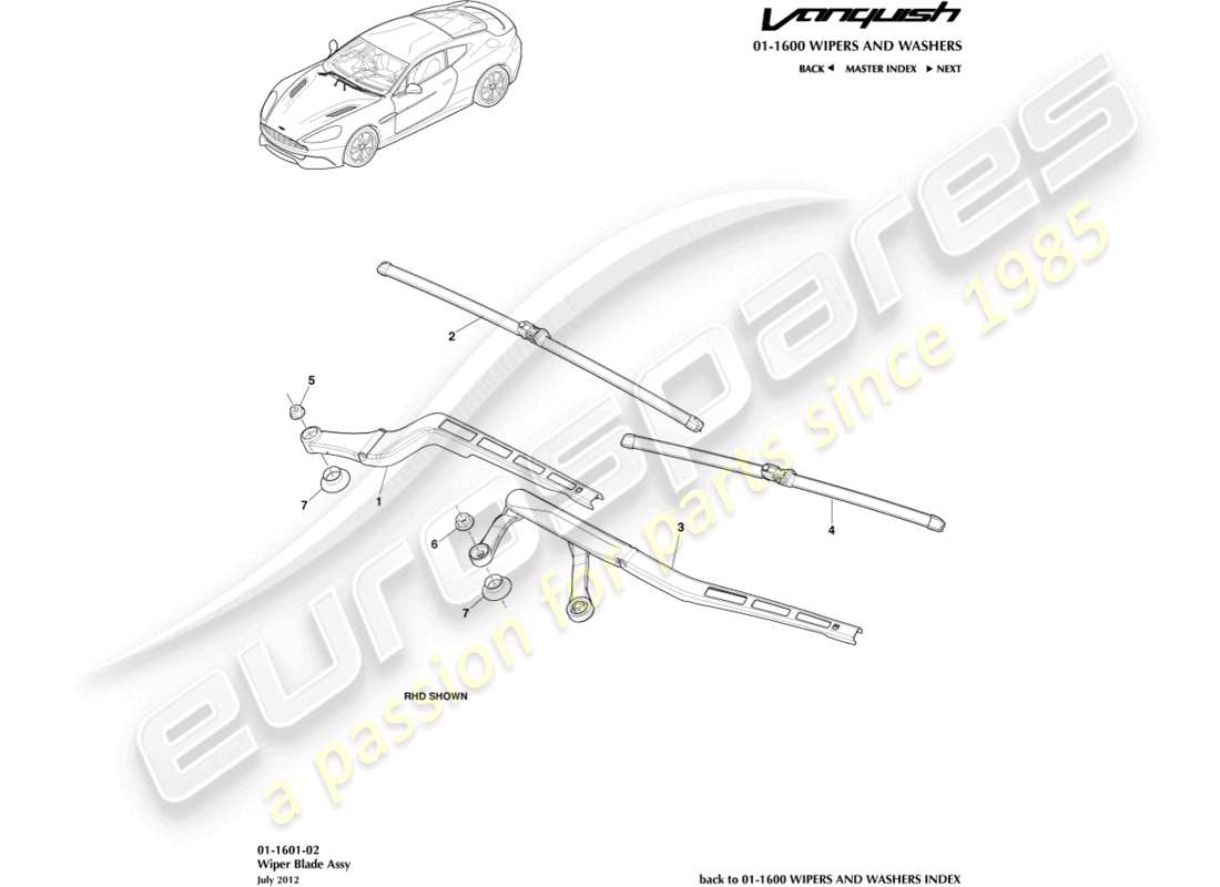 aston martin vanquish (2015) teilediagramm der wischerblattbaugruppe