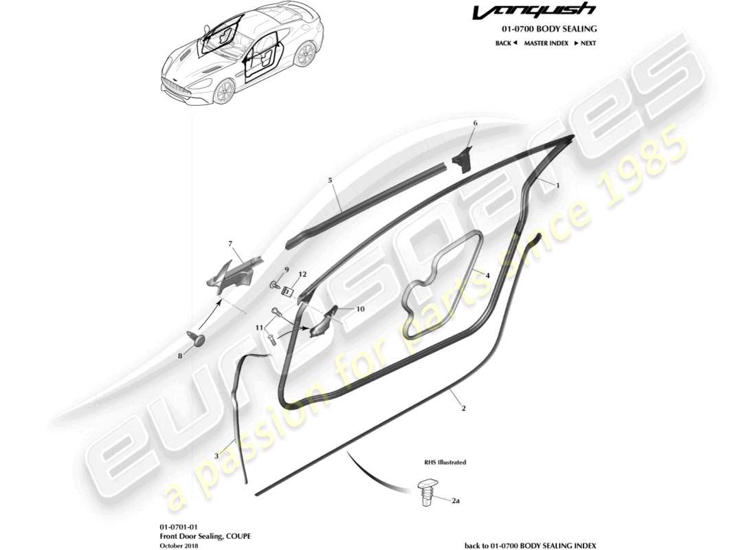 aston martin vanquish (2018) türdichtungen, coupé teilediagramm