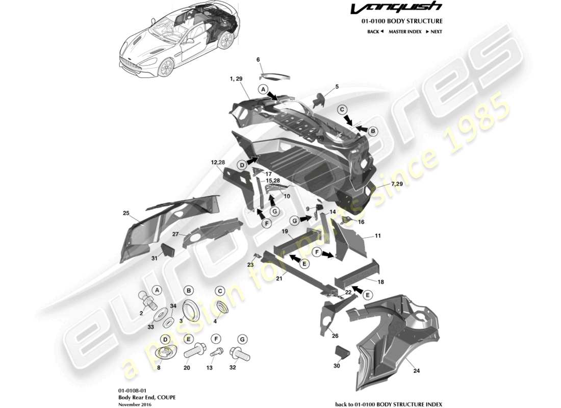 aston martin vanquish (2018) karosserie-heck, coupé teilediagramm