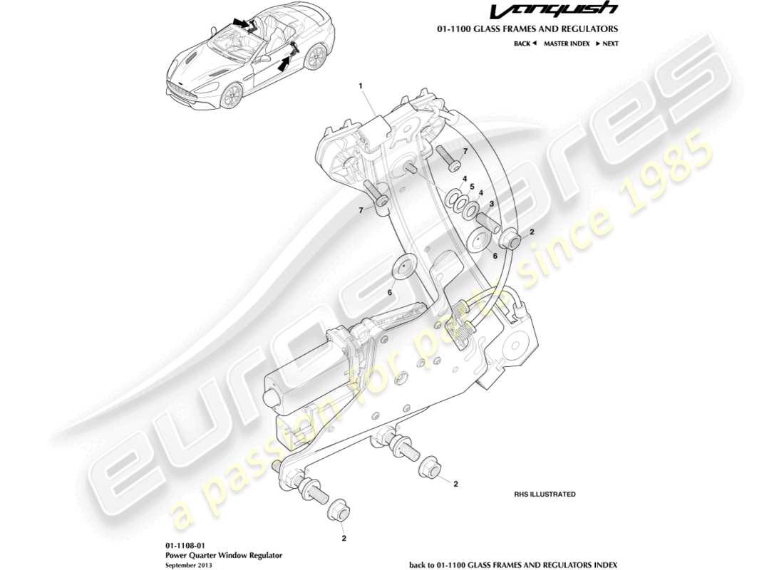 aston martin vanquish (2018) fensterheber hinten, volante teilediagramm