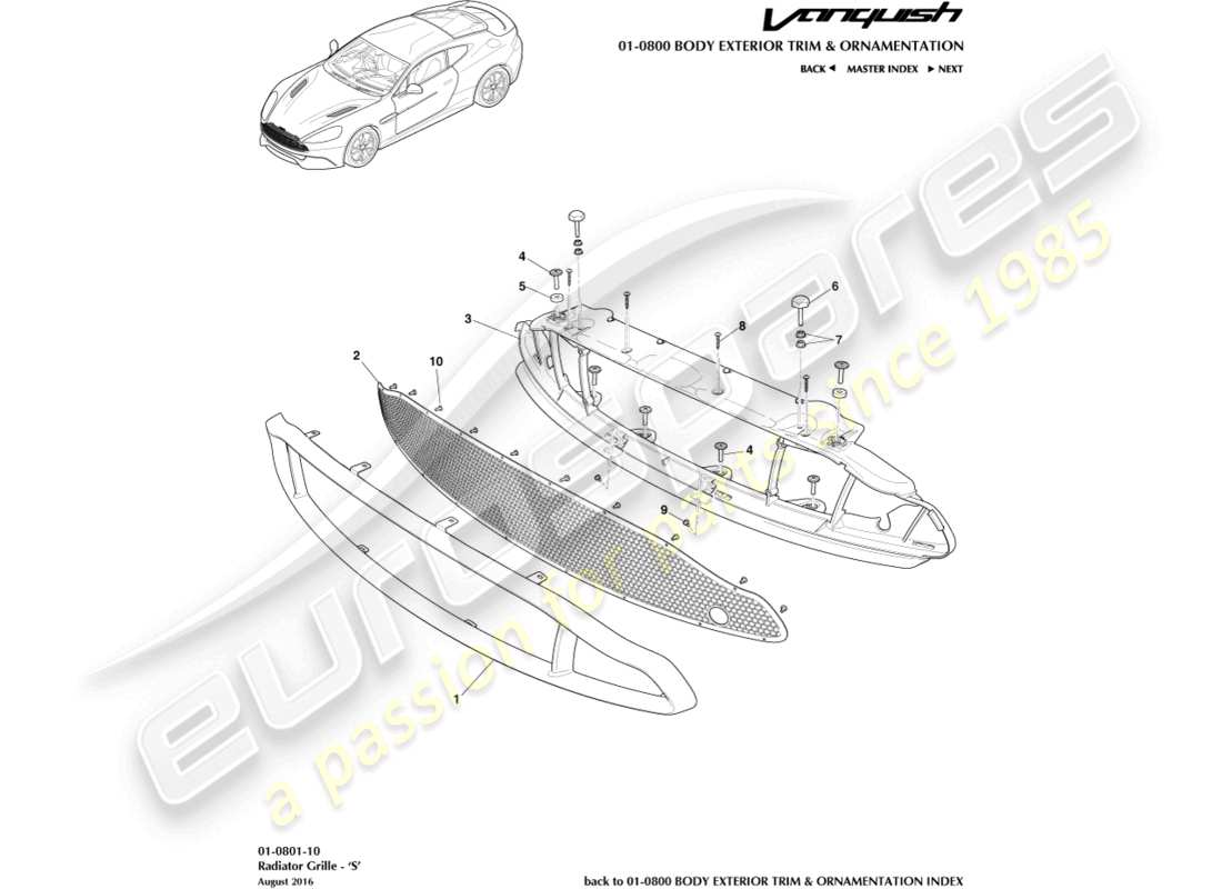 aston martin vanquish (2018) kühlergrill, s teilediagramm
