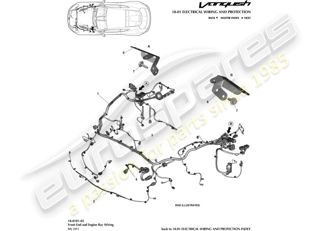 aston martin vanquish (2017) teilediagramm für kabelbaum vorne und im motorraum